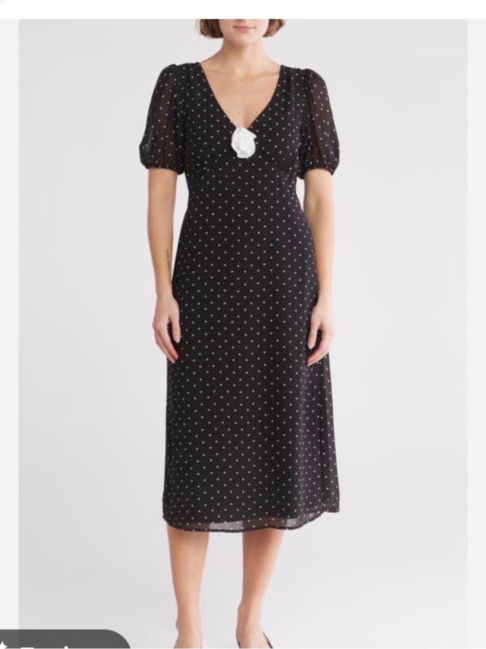 Wayf Black Polka Dot V‑Neck Midi Dress with Puff Sleeves